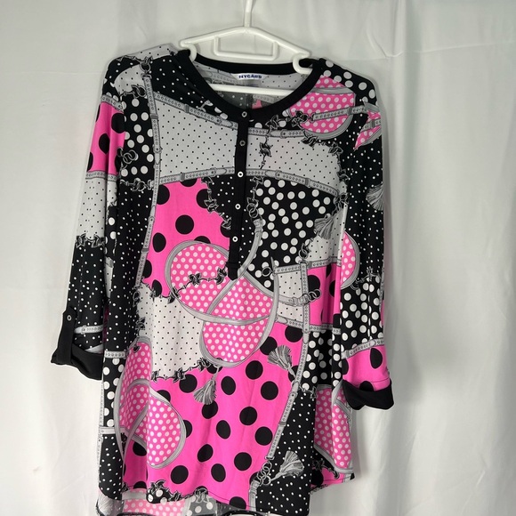 Peter Nygard Black and Pink Polka Dot Top - Picture 1 of 8